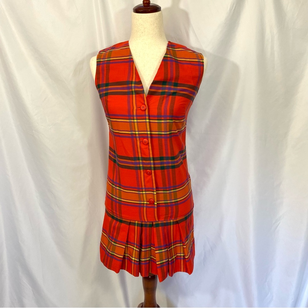 Vintage 70’s Mod Plaid Mini Dress Jumper XS Pleated Scooter Girl Koret